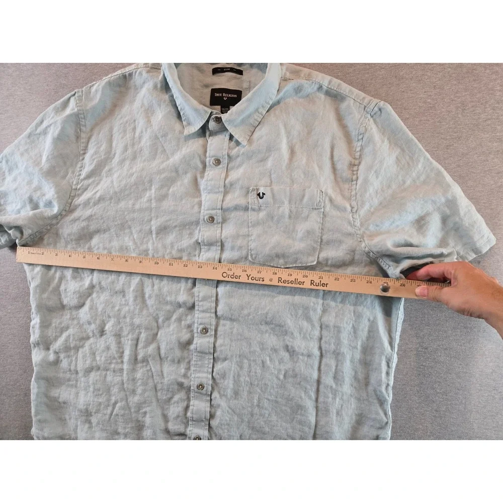 True Religion Shirt Mens 3XL Blue Linen Button Up Short Sleeve Slim Fit Resort